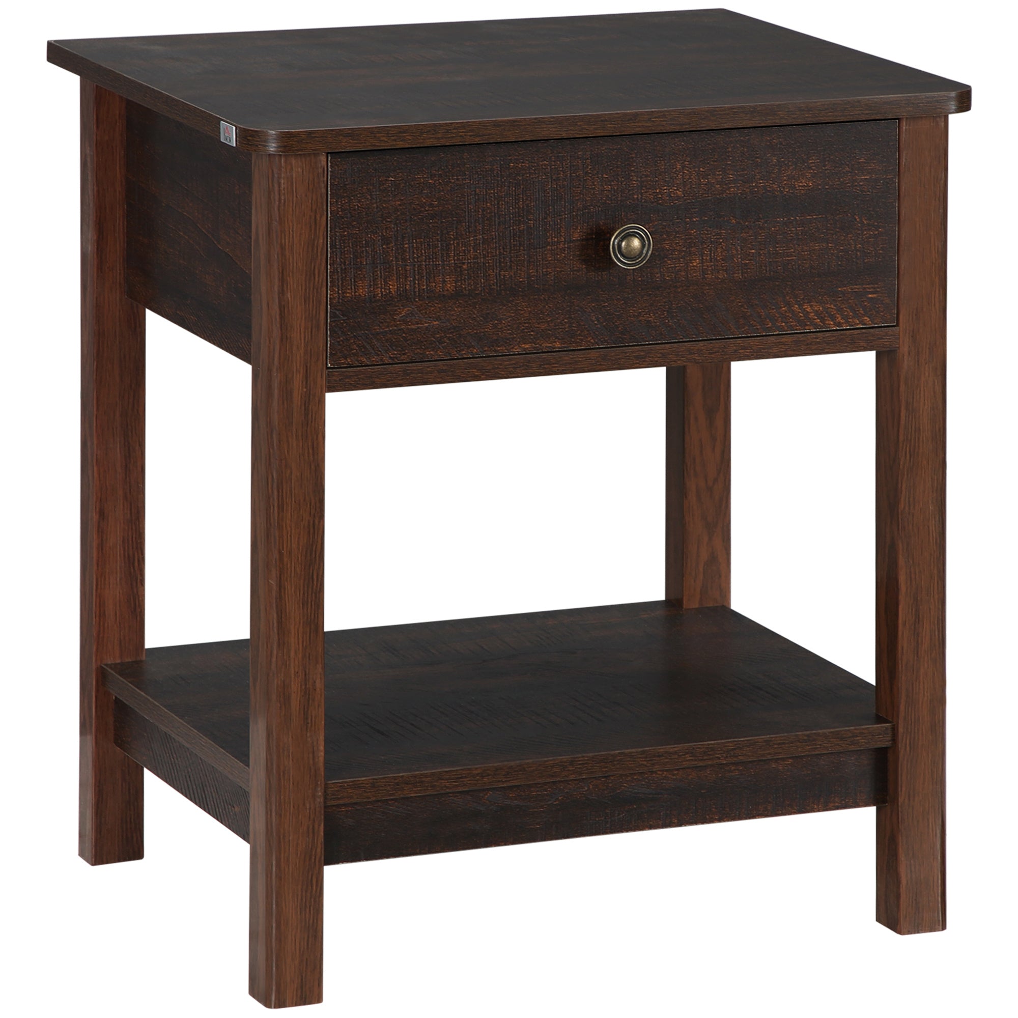 Dark Brown Nightstand With Drawer And Shelves