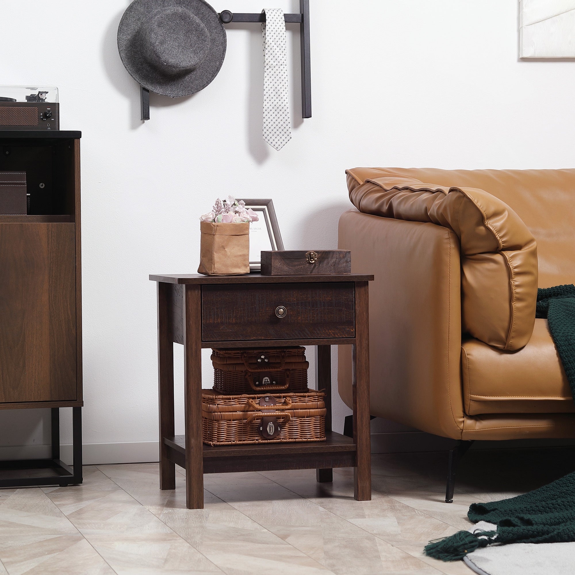 Dark Brown Nightstand With Drawer And Shelves