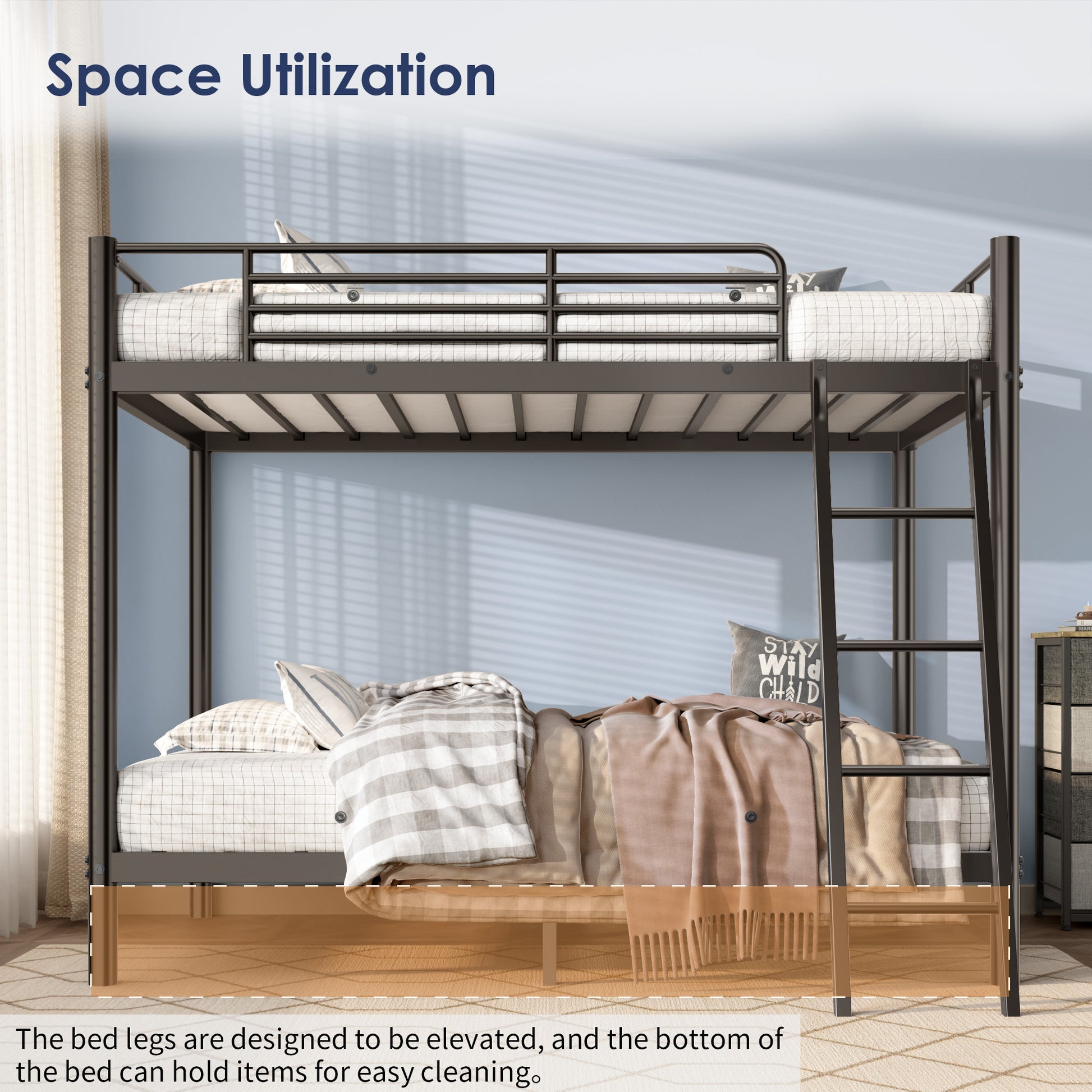 Loft Bunk Bed Twin Over Twin Size With Ladder And Guardrail-Black