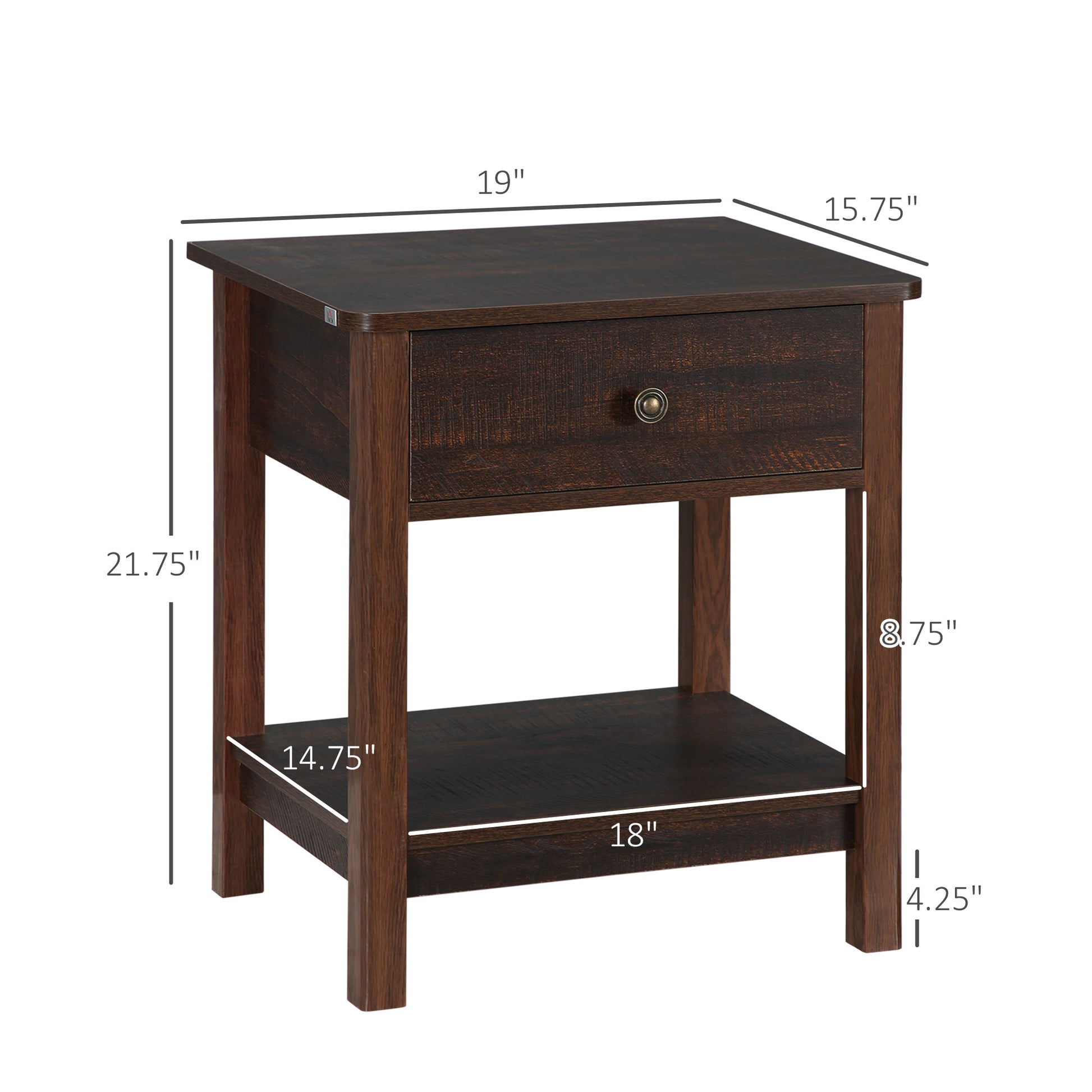 Dark Brown Nightstand With Drawer And Shelves