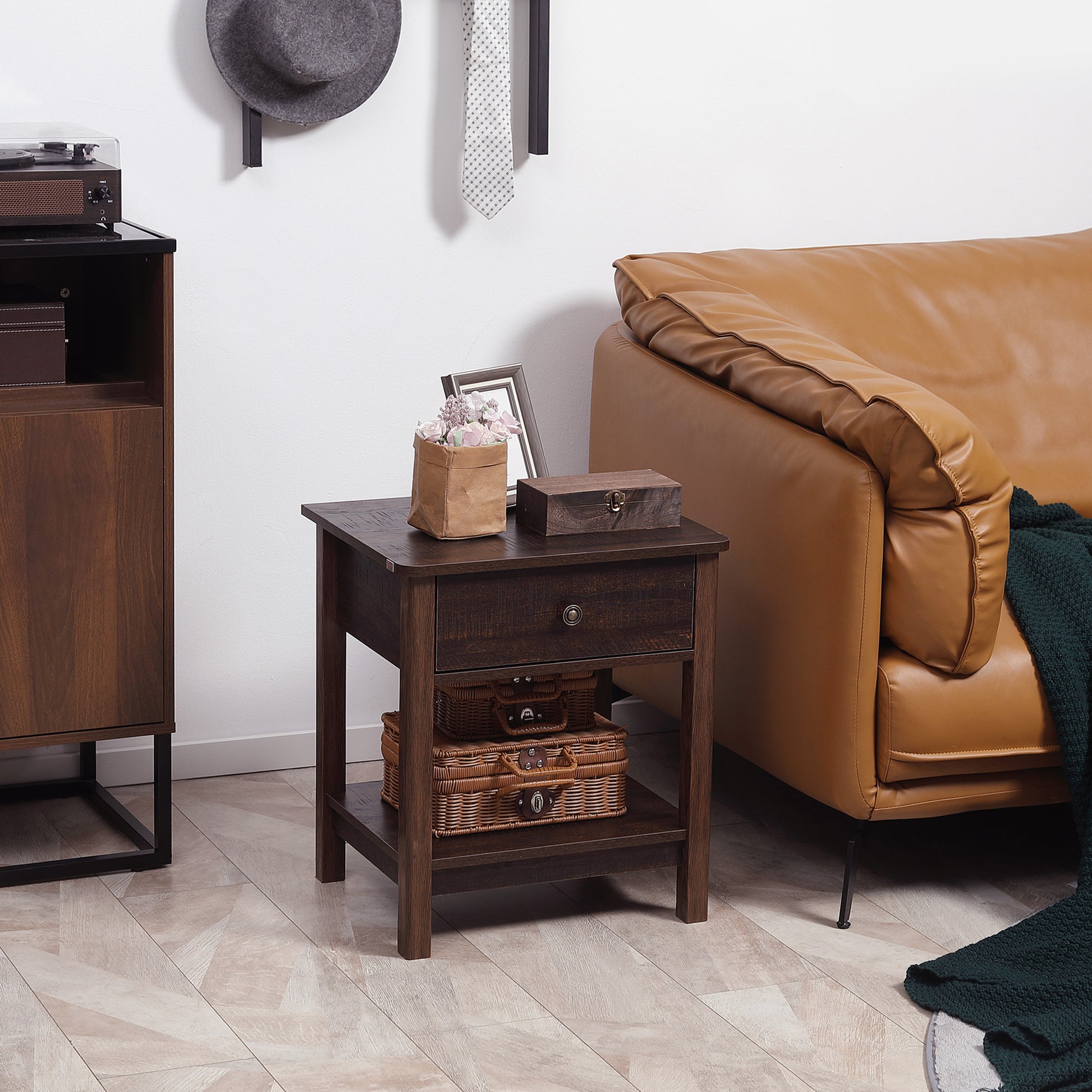 Dark Brown Nightstand With Drawer And Shelves