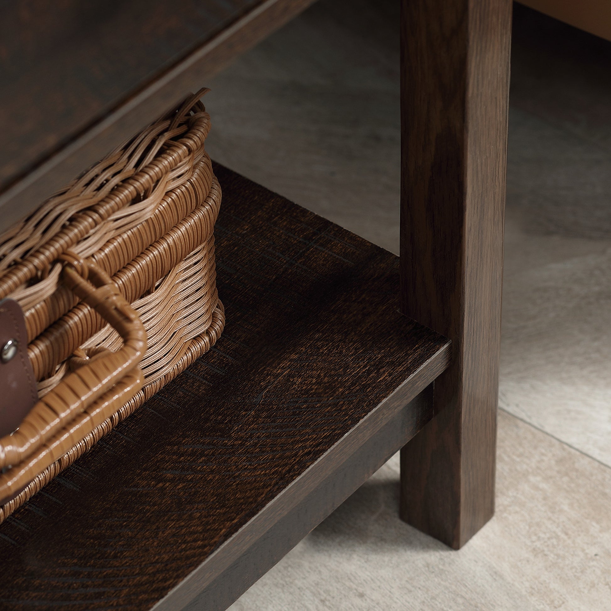 Dark Brown Nightstand With Drawer And Shelves