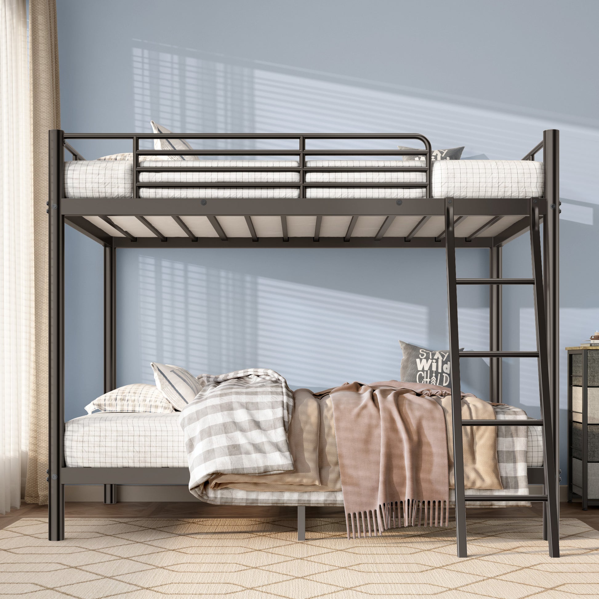 Loft Bunk Bed Twin Over Twin Size With Ladder And Guardrail-Black