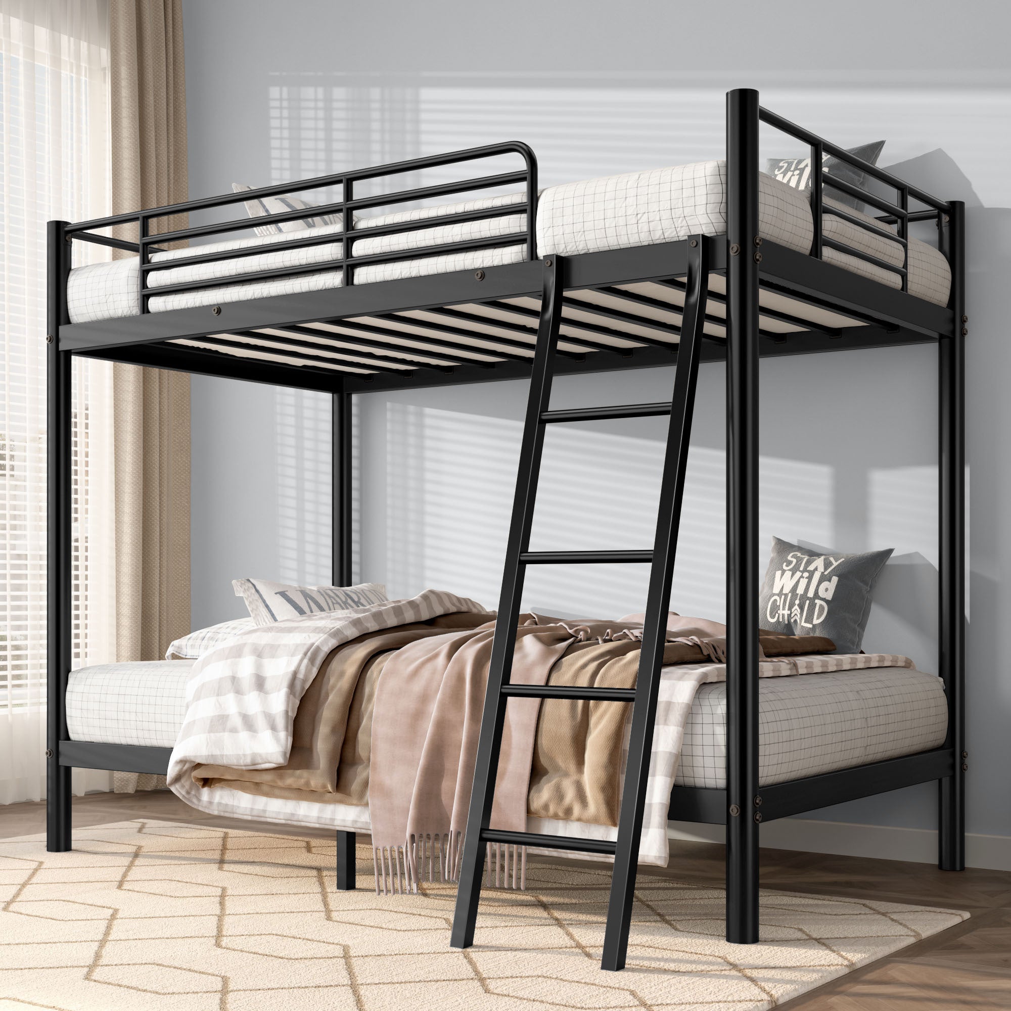 Loft Bunk Bed Twin Over Twin Size With Ladder And Guardrail-Black
