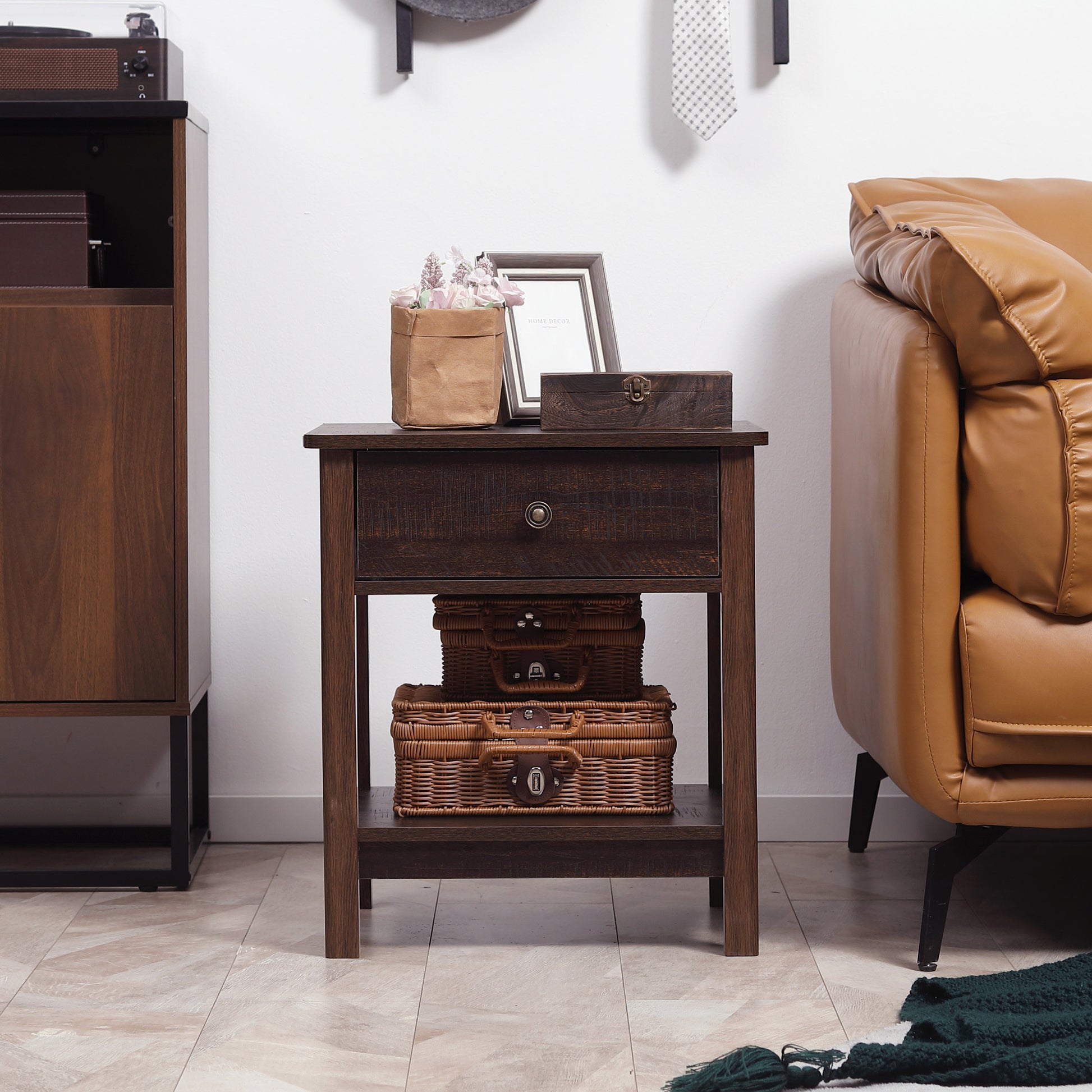 Dark Brown Nightstand With Drawer And Shelves
