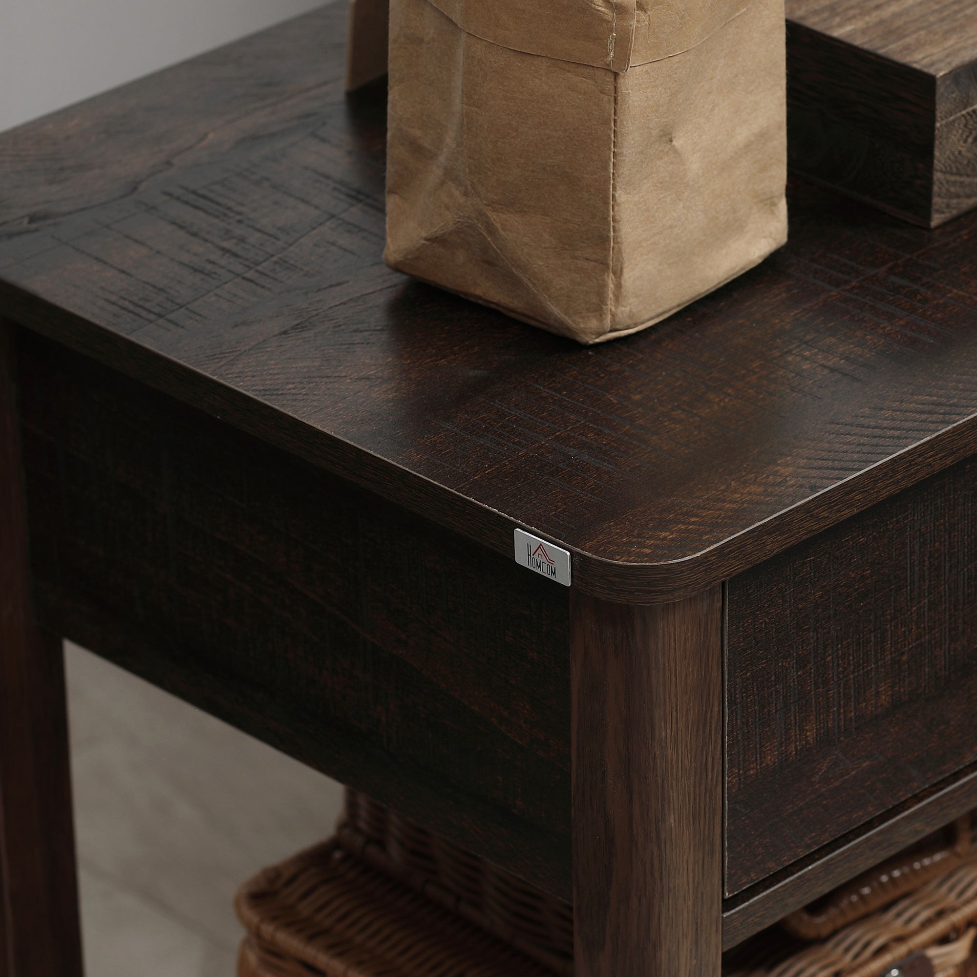 Dark Brown Nightstand With Drawer And Shelves